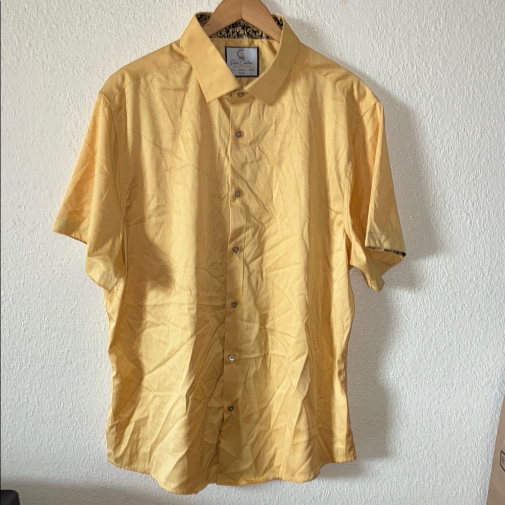 Men's Gold Short Sleeve Button Down Shirt with Accent Fabric